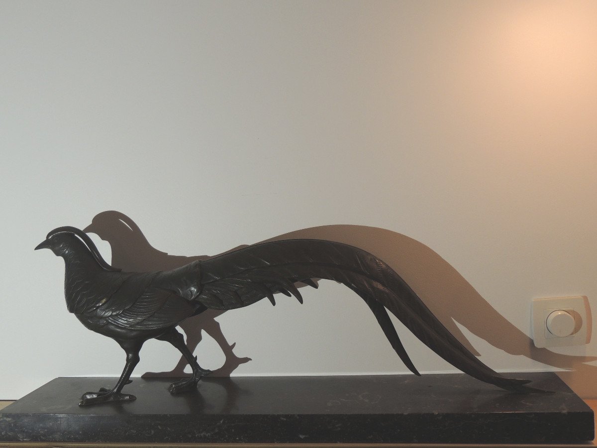 Pheasant In Bronze, Nuanced Green Patina, Large Animal Bronze On Black Marble, Art Deco 20th-photo-2