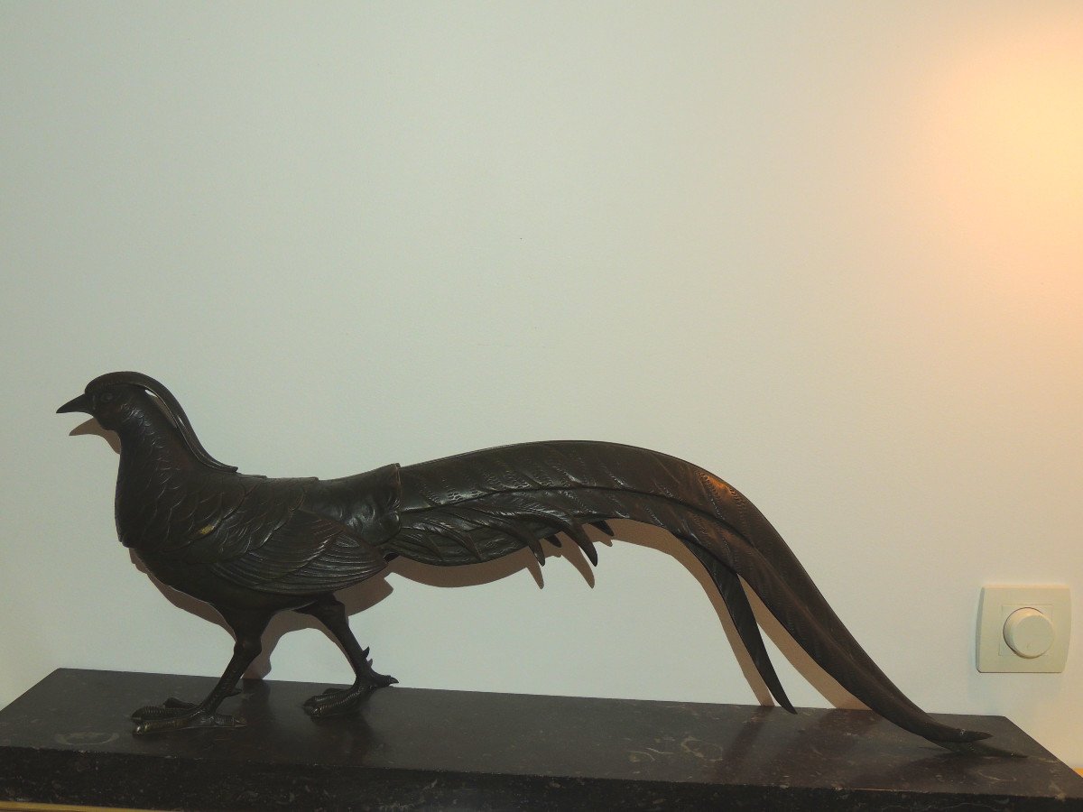 Pheasant In Bronze, Nuanced Green Patina, Large Animal Bronze On Black Marble, Art Deco 20th-photo-3