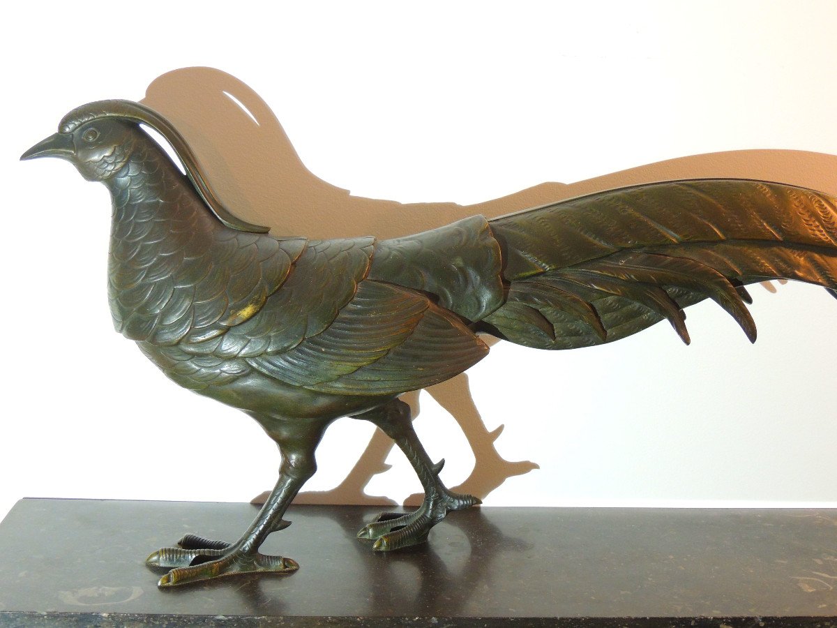 Pheasant In Bronze, Nuanced Green Patina, Large Animal Bronze On Black Marble, Art Deco 20th