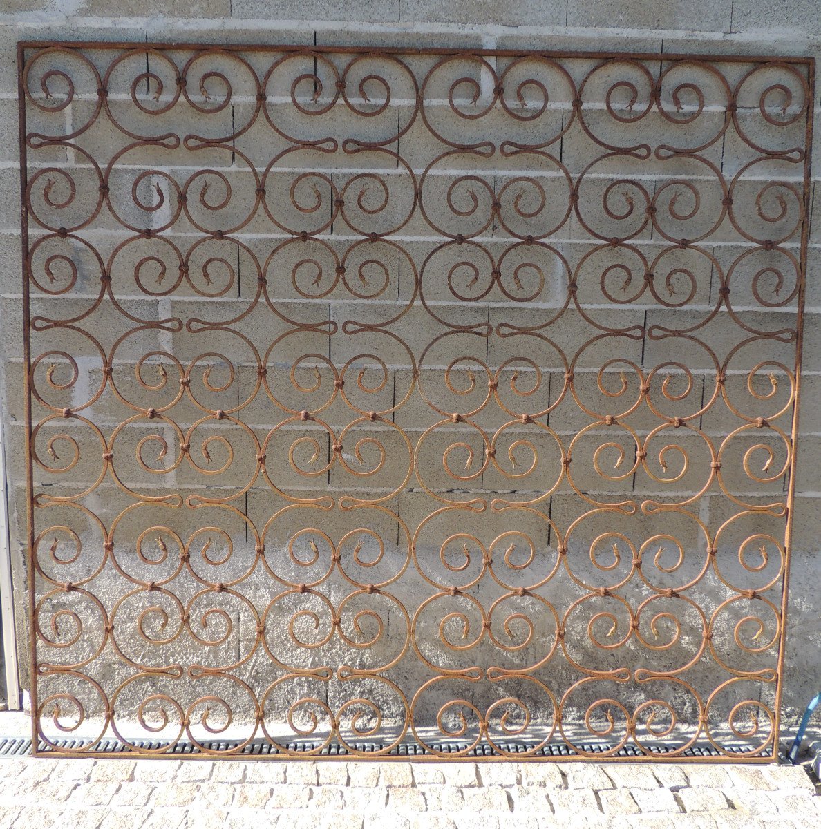 Interior Grid In Wrought Square Iron, Finely Worked Scrolls Duckbill Finish