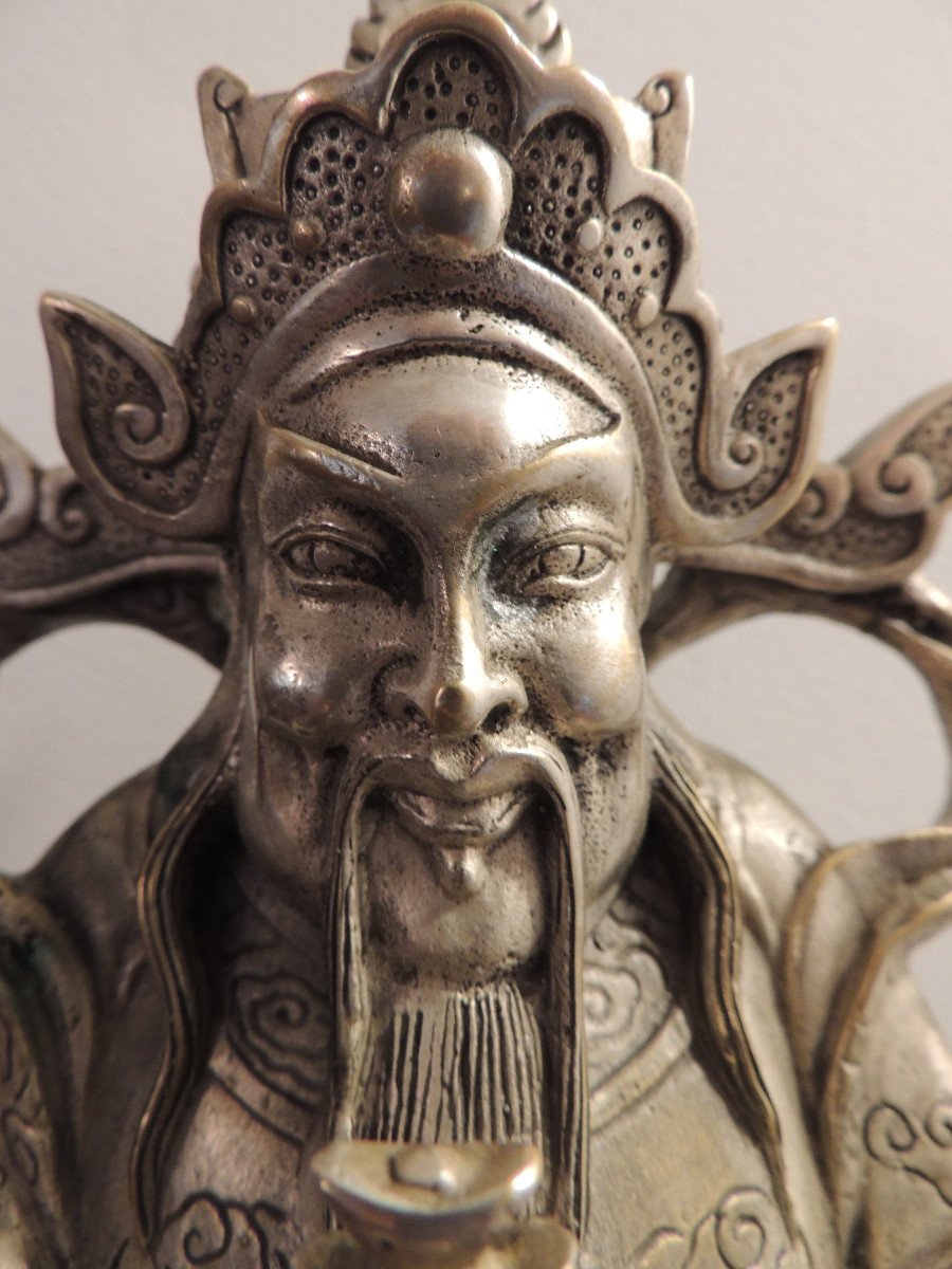 XIandian Silver Bronze Sculpture The Chinese God Of Wealth 20th Century-photo-2
