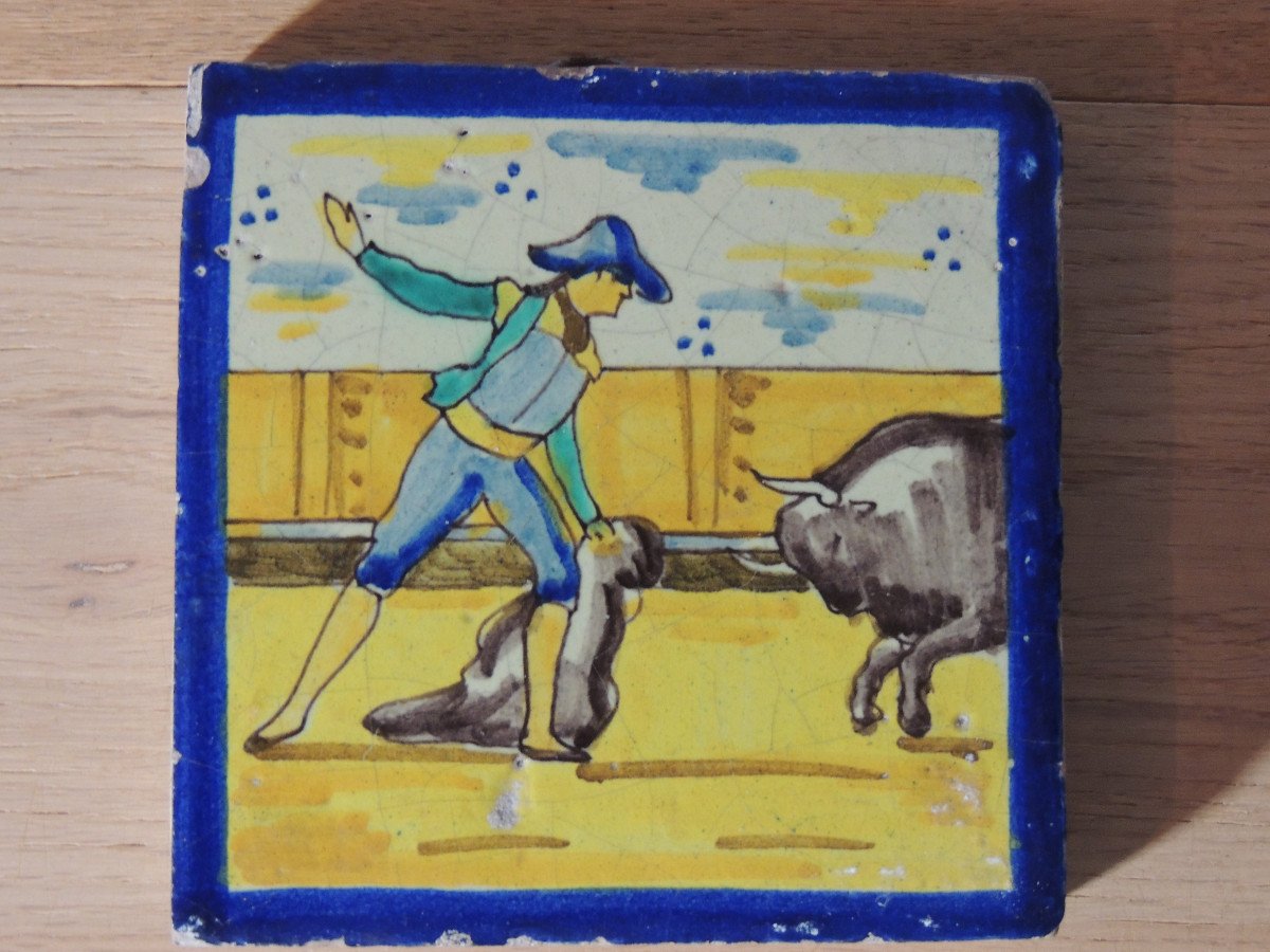 Seville Ceramic Tiles, Three Andalusian Painted Tiles On Bullfighting Spain Late 18th-photo-3