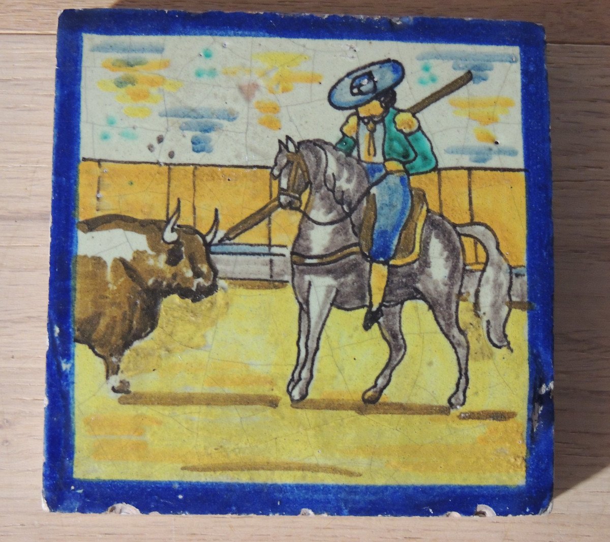 Seville Ceramic Tiles, Three Andalusian Painted Tiles On Bullfighting Spain Late 18th-photo-4