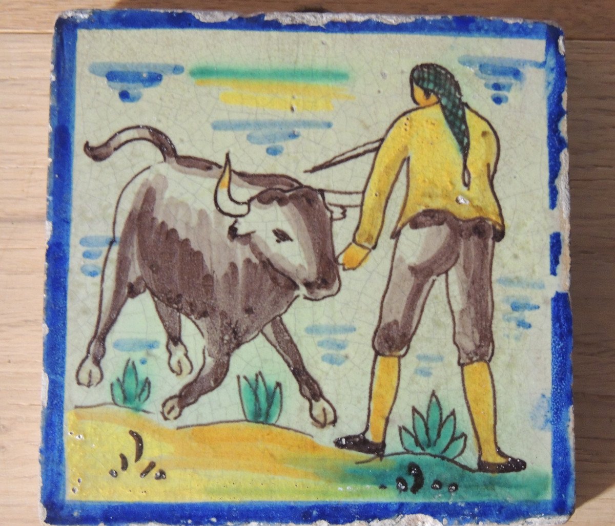 Seville Ceramic Tiles, Three Andalusian Painted Tiles On Bullfighting Spain Late 18th-photo-1