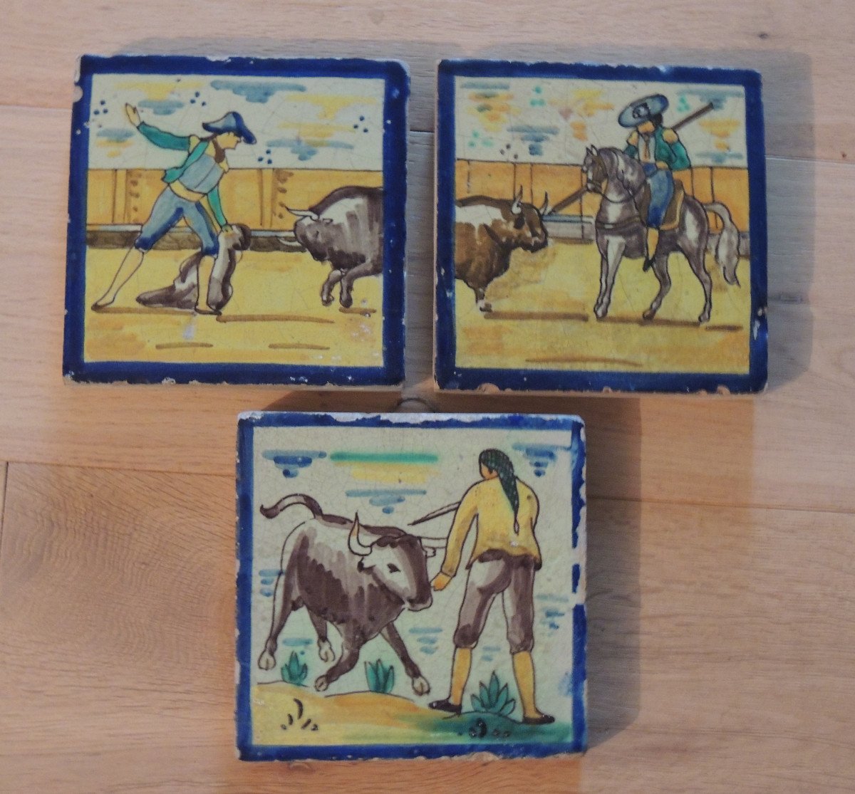 Seville Ceramic Tiles, Three Andalusian Painted Tiles On Bullfighting Spain Late 18th