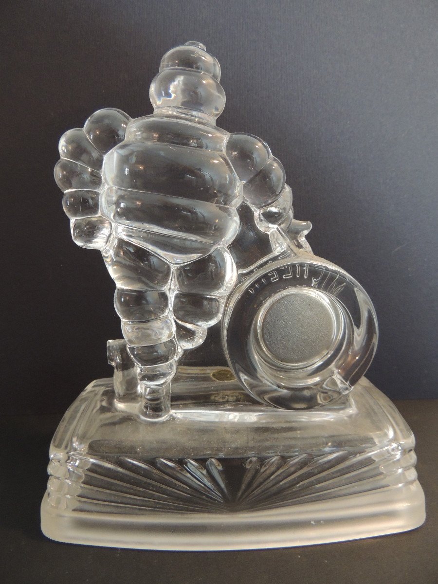 Michelin Bibendum Clock In Cristal d'Arques From The 1990s, Advertising Paperweight-photo-1