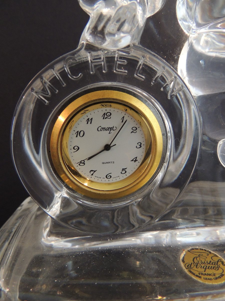 Michelin Bibendum Clock In Cristal d'Arques From The 1990s, Advertising Paperweight-photo-2