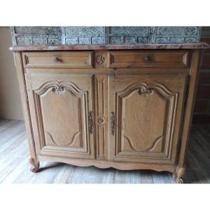 Low Louis XV Buffet In Blond Oak, With Its Red Marble, 18th Century