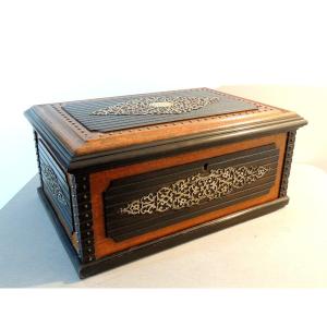 Casket, Oak Box With Decoration Of Silver Metal Friezes On The 5 Sides, 19th