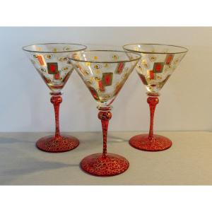 Verres Soufflés , 3 Verres De Murano , Verrerie Italie à Venise , 20 ème Siècle 