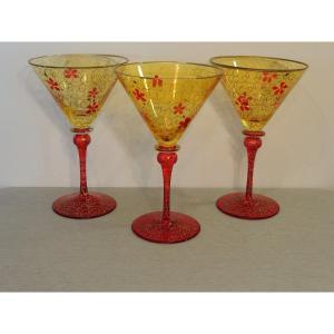 Verres Soufflés , 3 Verres De Murano , Verrerie Italie à Venise , 20 ème Siècle