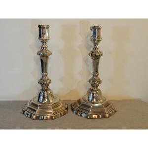 Pair Of Candlesticks In Silver Bronze, Louis XIV Regency Candlesticks, From The 18th Century