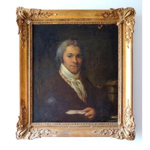 Portrait , Portrait d'Un Gentilhomme Tenant Un Courrier , Huile Sur Toile Du 18 ème Siècle