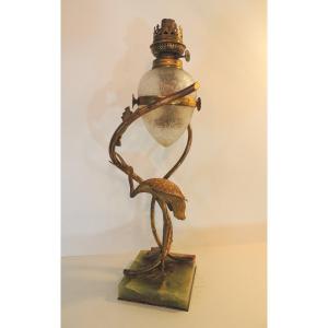 Lampe , Lampe à Pétrole Modèle Au Héron Et Nénuphars  En Bronze Et Laiton Dorés , Art Nouveau 