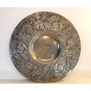 Pewter Paten, Relief Overmoulding Plate, Flying Fish Decor, 1930, Art Deco,