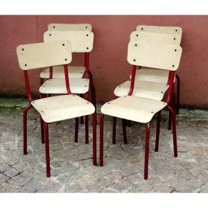 Chairs, 6 School Seats In Tube And Tole, Model From The 50s - 60s, Stackable, Industrial