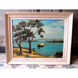 Tableau Marine , Huile Sur Toile Du Bassin d'Arcachon , Pinasse Parc à Huitres Et Forêt De Pins