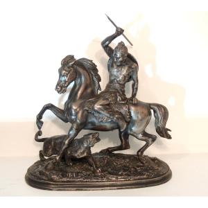 Sculpture , Statue d'Un Cavalier Mongol Chassant Une Lionne , 19 ème