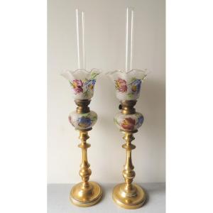 Pair Of Oil Lamps, Pair Of Bronze Candlesticks Decorated With Verrines, 19th Century