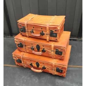 Ensemble De Valises En Cuir , Trois Bagages De Voyage , 20 ème 