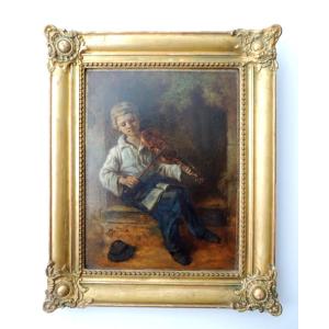 Old Louis XV Style Golden Frame, Decor In Its Center Of A Young Violinist (a.mauve) 19th