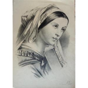 Dessin Au Crayon, épreuve d'Artiste Sur Papier Planche N° 50, Portrait d'Une Jeune Femme,19 ème