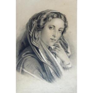 Dessin Au Crayon, épreuve d'Artiste Sur Papier Planche N° 51, Portrait d'Une Jeune Femme,19 ème