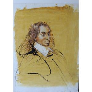 Huile Sur Carton  Tableau Portrait De Blaise Pascal  Par Jacques Pecnard  1922-2012, 20 ème