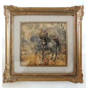 Aquarelle d'Un Cavalier Par l'Artiste Peintre Jean Commere 1920 - 1986 , Art Moderne , 20 ème