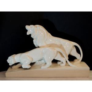 Ceramic, Couple Of Ceramic Lions By Louis Francois, Art Deco From The 20th Century 