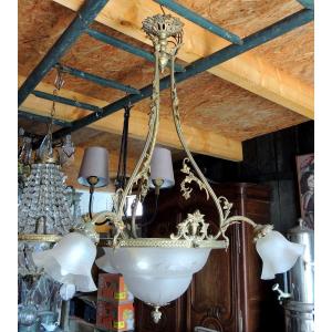 Chandelier, Suspension With Three Tulips And Basin On Gilded Bronze And Brass Mount, 19th