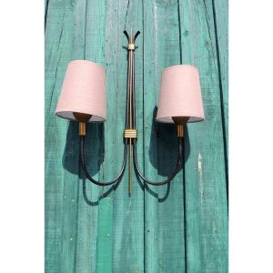 Wall Lamp, Large Wall Lamp In Painted Tube And Golden Brass, With Its Two Lampshades, 20th