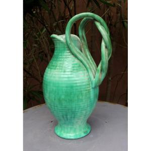 Vase ,vase En Céramique Avec Ce Vert Lumineux , Aux Grandes Anses Tressées Signé Alexana 20 ème