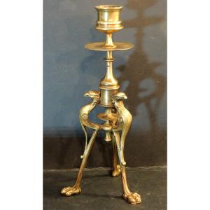 Candlestick, Bronze Torch, Stylized Wader Tripod From The 19th Century 