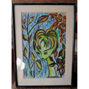 Peinture Sur Papier Portrait Stylisé d'Une Jeune Femme Au Milieu De La Verdure  ,1970  , 20 ème