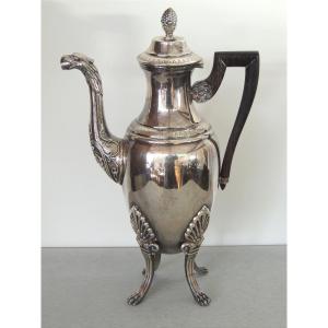 verseuse théiere cafetière égoïte en métal argenté  décor feuilles d'acanthes , empire , 19ème 