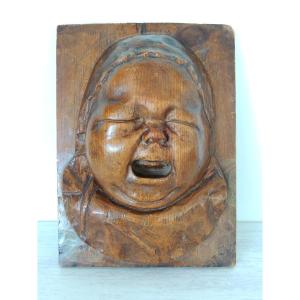 Sculpture, Walnut Wood Carving, Crying Baby, 19th Century