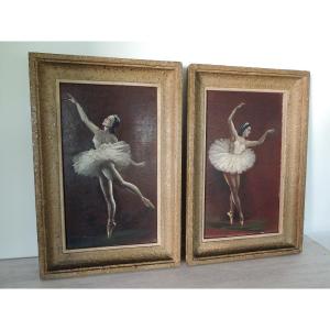 Pair Of Paintings On Wood Ballerinas Opera Dancers In Tutu, Art Nouveau, 20th Century