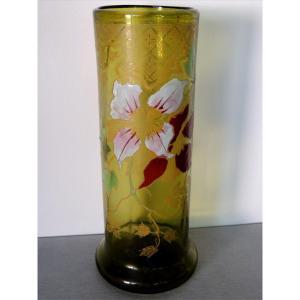 Enamelled Glass Vase, Scroll Vase, Floral Decoration, Flowers In Intense Colors, 20th Century 