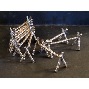 11 Knife Holders, Cutlery Rests, Imitation Bamboo In Silver Metal, 20th Century