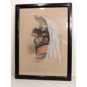 aquarelle , pastel , portrait d'un capitaine des dragons , par Edmond Lajoux de 1931 , 20 ème  