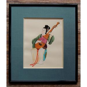 Cutting And Collage On Paper Of A Musician Playing A Stringed Instrument, Japan, 20th Century