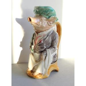 Pitcher From The Onnaing Earthenware Factory, Glazed Barbotine, Le Cochon Maître d'Hotel, 20th Century