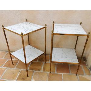 Pair Of Gilded Brass Sofa Ends, Double Marble Tops, Maison Bagués, 20th Century