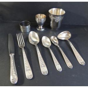 Christofle , Christening Flatware , Child's Menagère , 9 Pieces In Silver Plated Metal , 20 ème