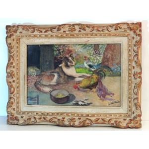 tableau peinture sur papier cartonné , aquarelle de H. Soubeyran , chien coq et poules , 20 ème