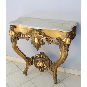 console en bois doré , Louis xv , décor de fruits pommes et poires , plateau marbre , 19 ème