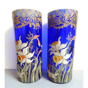 Enameled Glass Vases On A Navy Blue Background, Scroll Vases With Pearled Gilded Iris Decoration, 20th Century