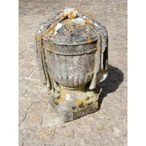 Ancient Covered And Draped Stone Urn , Medoc Region , Weight 90 Kg , 19th Century