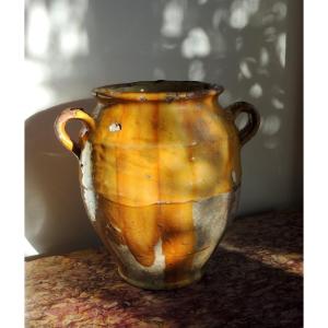 poterie vernissée du sud ouest " Marmande" , pot à graisse ou à confit , art poulaire , 19 ème